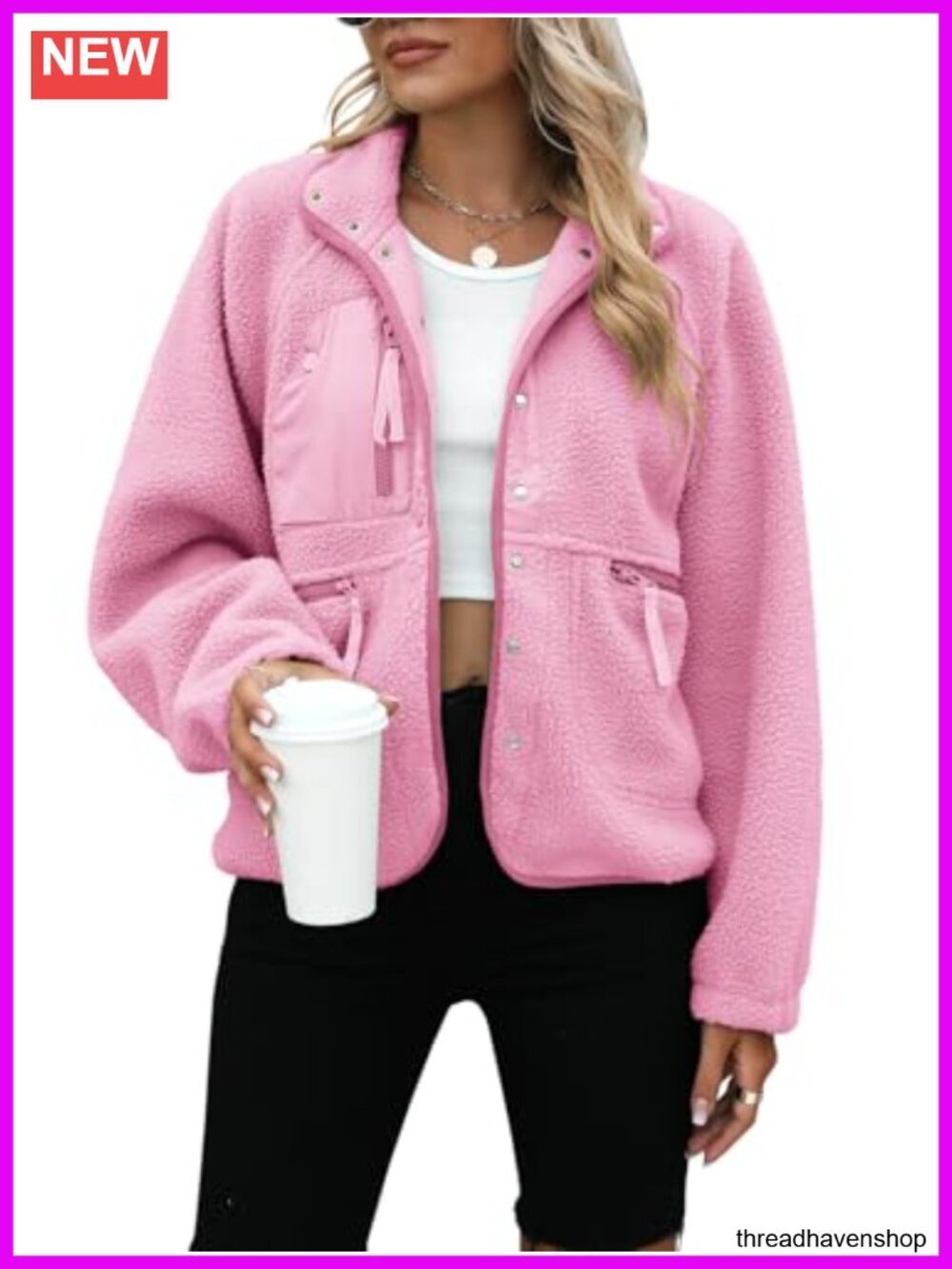 Fleece Jacket Fuzzy Long Sleeve Short Winter Coat Button Down Sherpa Jacket